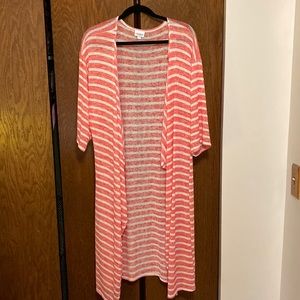 LULAROE Coral and White Striped Knit Kimono-Style Cardigan